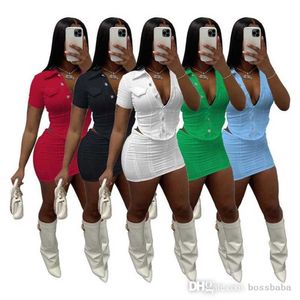 Dames Twee stukken Dress Set Designer 2023 Nieuwe zomer korte mouw dubbele knop Top roksets Sportpakken 5 kleuren