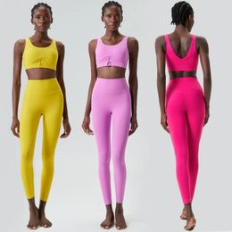 Femmes deux pièces Fitness Yoga ensemble couleur unie Slim Fit vêtements de sport de course à fort Impact soutien-gorge et Leggings costume de sport vêtements d'entraînement 240322