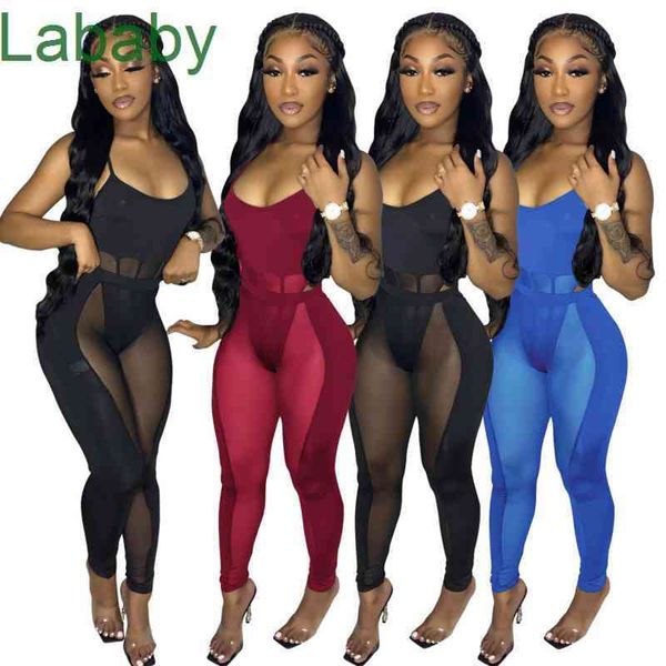 Femmes Deux Pièces Pantalons Designer Survêtements Tenues Mince Sexy Maille Couture Évider Discothèque Perspective Sportwear 3 Couleurs