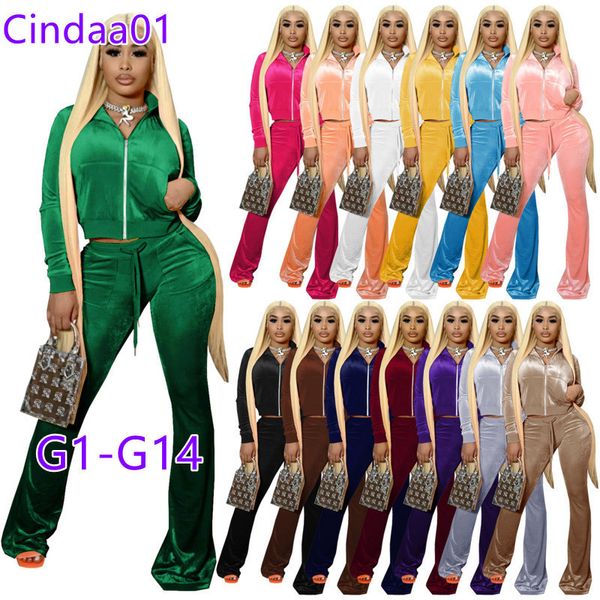 Pantalones de terciopelo de 2 piezas para mujer Trajes de diseñador Trajes Cremallera Bolsillo delantero Chaqueta de manga larga Pantalón de chándal con parte inferior de campana Trajes XS-XXL 60 colores