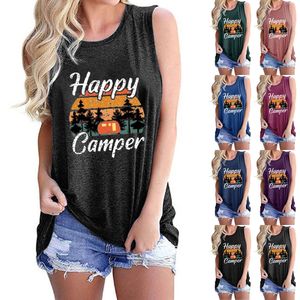 Femmes Underwaist Happy Camper T-shirt imprimé Camping Chemise d'impression Chemises à col rond Casual Vêtement sans manches Top Vêtements d'été en vrac 8 couleurs wmq1313