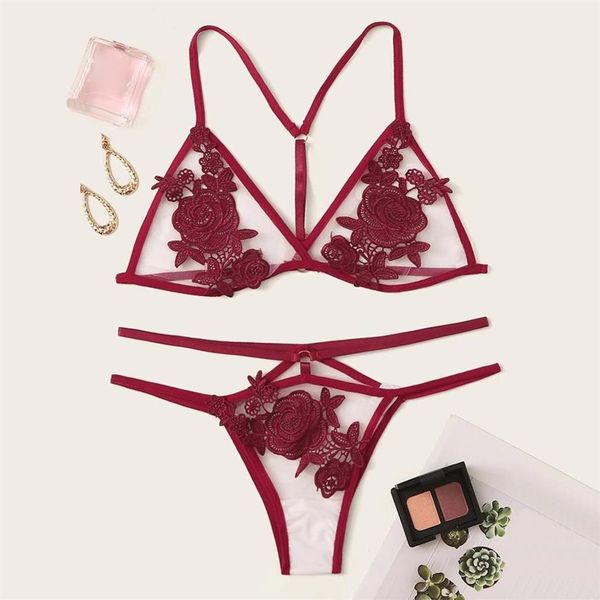 Femmes ensemble de sous-vêtements Sexy ensemble de soutien-gorge fleur brodée appliques dentelle soutien-gorge vêtements de nuit rouge Lingerie Set316G