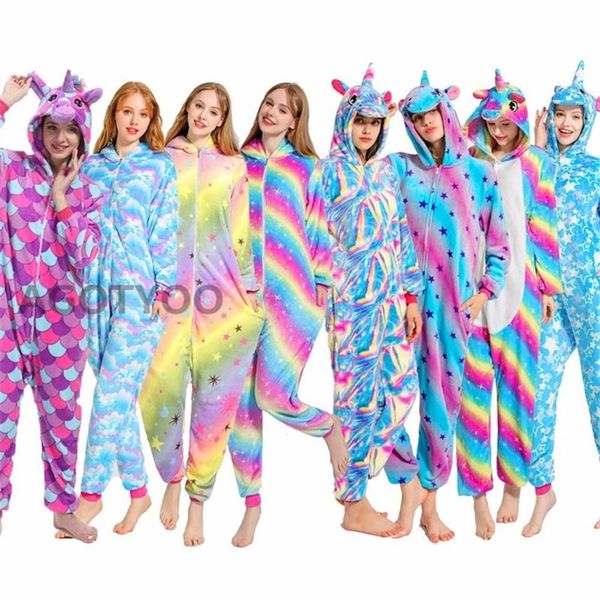 Mujeres Unicornio Pijamas Conjuntos Kigurumi Franela Animal Pijamas Niños Mujeres Invierno Camisón Pijamas con capucha Ropa de dormir Dibujos animados Homewear Y20233v