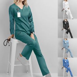 Vrouwen uniform set lange mouw verpleegster werkkleding schoonheid salon werk klede slank fit scrub shirt universitair verpleegkunde 240418