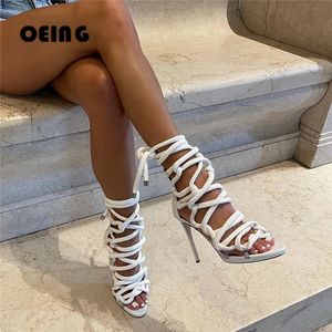 Femmes up gladiator dentelle sandales d'été corde enveloppe peep toe haut talon sexy club fête robe chaussures