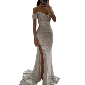 Robe de bal de forme sirène pour femmes, tenue urbaine Sexy, épaules dénudées, longue robe de bal à paillettes scintillantes, robe de soirée formelle avec fente