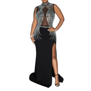 Vrouwen Urban Sexy jurken Rhinestone Crystal Mesh Patchwork Sheer bodycon jurk See-through Birthday Clubwear Maxi-jurken