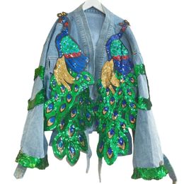 Vrouwen V-hals 3D Pauw Lovertjes Borduren Jean Jas Herfst Dier Kralen Denim Jas Glanzend Streetwear Vest Tops Jaqueta 240321