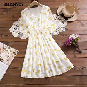 Vrouwen v-hals a-lijn casual strand jurk zomer bloemen gedrukt meisjes gele chiffon sundresses vrouwelijke geplooide vestidos 210520