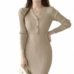 Femmes col en v fesses tricot bodyc Dr Lg manches solide plissé élégant Dres bureau robes pour les femmes automne hiver 70C9 #