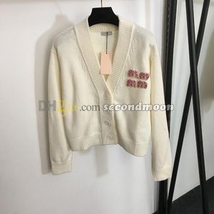 Femmes col en V Cardigan laine tissu tricots manteau strass lettre tricoté vêtements d'extérieur Style décontracté tricots