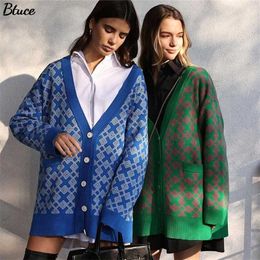 Vrouwen V-hals geruite print gebreide vest mode vrouwelijke knoppen casual lange mouw trui met zak herfst 211018
