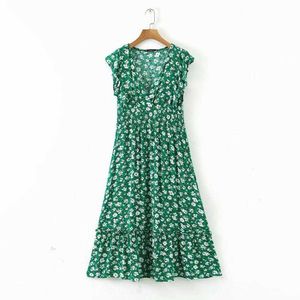 vrouwen v-hals bloem print ruches groen midi jurk elegante krimpen vouw ontwerp vestidos chique merk feestjurken DS3576 210603