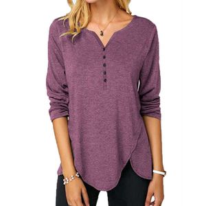 Vrouwen v-hals lange mouwen knop effen kleur tuniek t-shirt mode casual losse plus size katoen onregelmatige pullover tops x0628