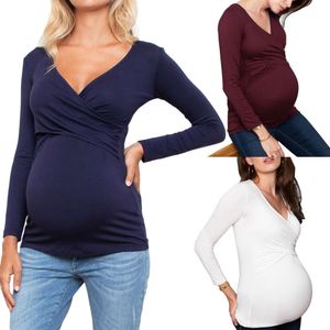 Vrouwen V-hals Verpleegkunde Zwangere Nusring zwangerschap V-Neck Zange mouw Tops vaste ruche blouse borstvoedingstop L2405
