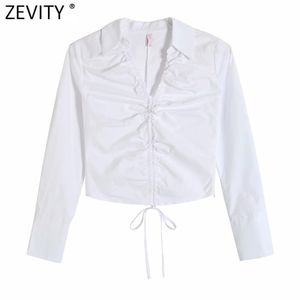 Femmes col en V plissé à lacets chemisier court femme à manches longues blanc chemises minces Chic côté fermeture éclair Blusas hauts LS9120 210416