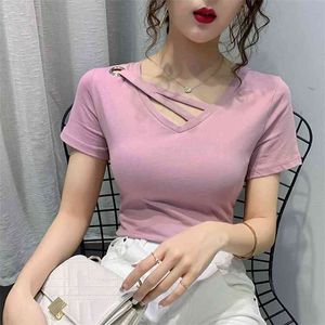 Mujeres con cuello en v camiseta de manga corta sólido coreano banda cruzada collar sexy moda camisetas mujer salvaje camisetas femeninas tops rosa LS367 210506