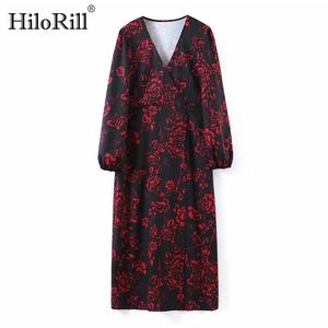 Femmes col en V Vintage Robe mi-longue imprimé fleuri décontracté droite dames lanterne à manches longues Chic es Robe Femme 210508