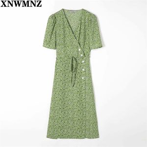 Vrouwen V-hals Wrap Midi Jurk Zomer Floral Print Korte Mouw Zij Knoppen Lace-up Taille Jurken Dames Holiday Robe 210520