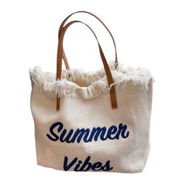 Bolso de mano de estilo de vacaciones para mujer, bolso de compras con borlas de lona estampado rosa de gran capacidad para playa de gran capacidad 231226