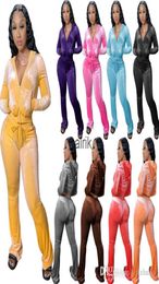 Femmes Velour sur piste à sweat Sport des tenues en deux pièces en velours rose en velours zipper poche à manches longues veste cloche wid jambe pantalon s6477877