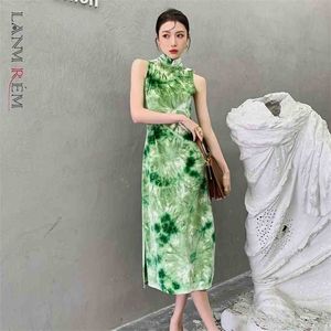 Dames Fluwelen Cheongsam Slanke mouwloze Turtleneck Groene Kleur Retro Fit Lady Mode Zomer 2H106 210526