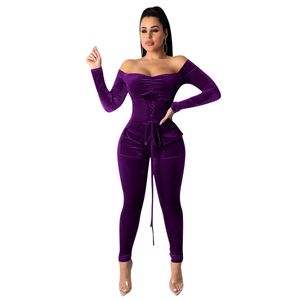 Femmes velours combinaisons 2 pièces tenues à manches longues body hauts maigre long pantalon combinaison survêtement ensembles