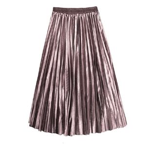 Femmes Velours Plissé Maxi Longue Jupe Élégante Taille Haute Une Ligne Midi Jupes Mode Femme Jupe De Fête Automne Hiver 210311