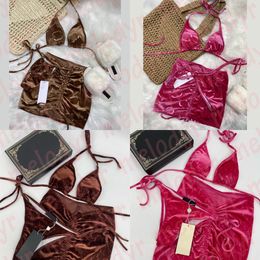 Vrouwen Velvet Swimwear Summer Sexy Bikinis Fashion Letter Print Swimsuit 3pcs Set Ladies Swimdress