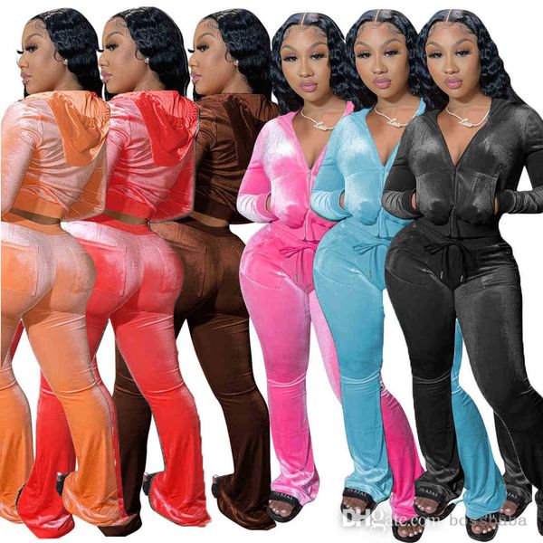 Femmes velours survêtements à capuche Sport 2 pièces ensemble velours sweats fermeture éclair Jogging costume printemps vêtements