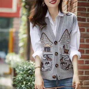 Femmes gilet printemps automne mode style coréen sans manches veste à simple boutonnage tricot imprimé gilets col en v tout match femme manteaux 210819