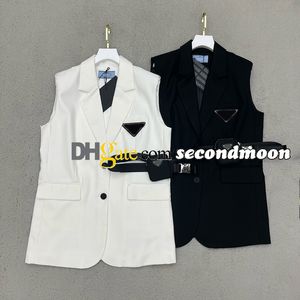 Femmes gilet costume veste revers cou sans manches vestes printemps été manteau décontracté avec ceinture vêtements d'extérieur de luxe