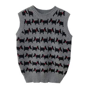 Femmes gilet pull col rond tricoté pull sans manches gris rouge chien hiver Preppy Style M0232 210514