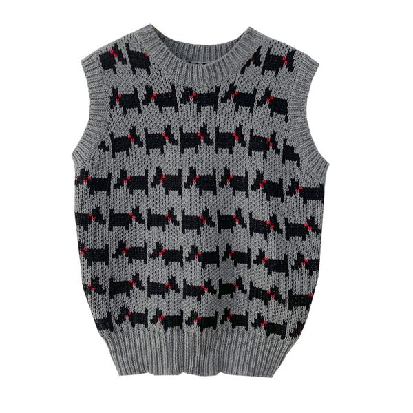 Mujeres chaleco suéter cuello redondo jersey de punto sin mangas gris rojo perro invierno estilo preppy m0232 210514