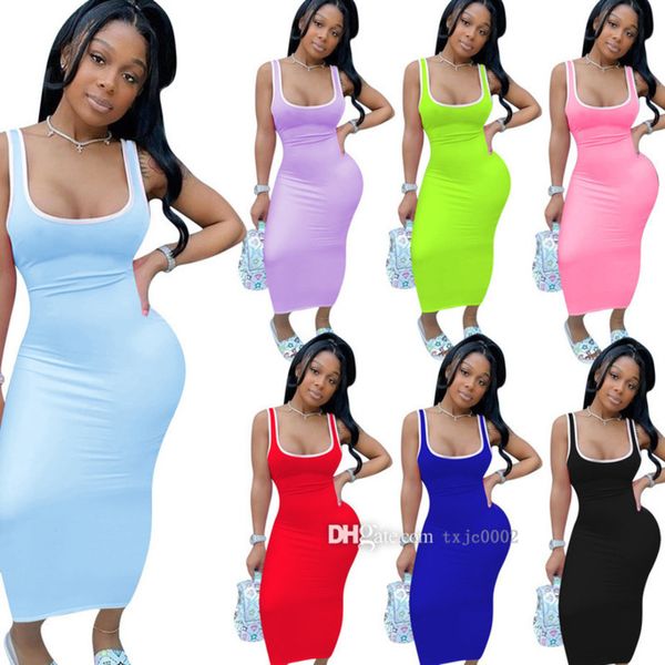 Femmes gilet réservoir Maxi robe extensible décontracté longue jupe 2022 été couleur unie couture robes Sexy sans manches moulante