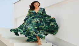 Dames Vintacy Jurk met lange mouwen Groen Tropisch Strand Vintage Maxi-jurken Boho Casual V-hals Riem Kanten Tuniek Gedrapeerd Grote maten D2521543