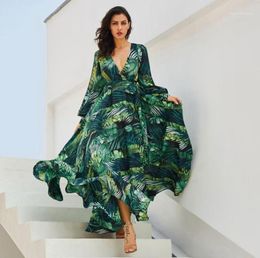 Vrouwen VINTACY Lange mouw jurk groene tropisch strand vintage maxi -jurken boho casual v nek riem veter tuniek gedrapeerd plus maat d8587967