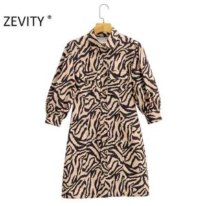 Vrouwen Vintage Animal Pattern Print Korte Shirt Jurk Kantoor Dame Poskets Patch Lantaarn Mouw Vestido Chic Jurken DS4354 210420