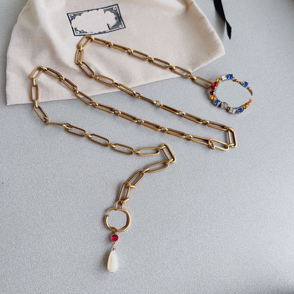 Cadena de cinturón vintage para mujer, diamantes de colores, marca de lujo, collar de bolas, pretina, letra decorativa, cadena de eslabones de perlas doradas, cinturón de cadena de cintura
