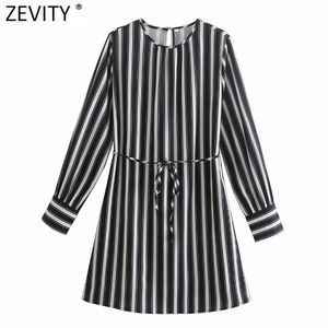 Women Vintage Black White Striped Print Sashes Mini Dress Female Chic O Neck Long Sleeve Straight Vestido DS5078 210416