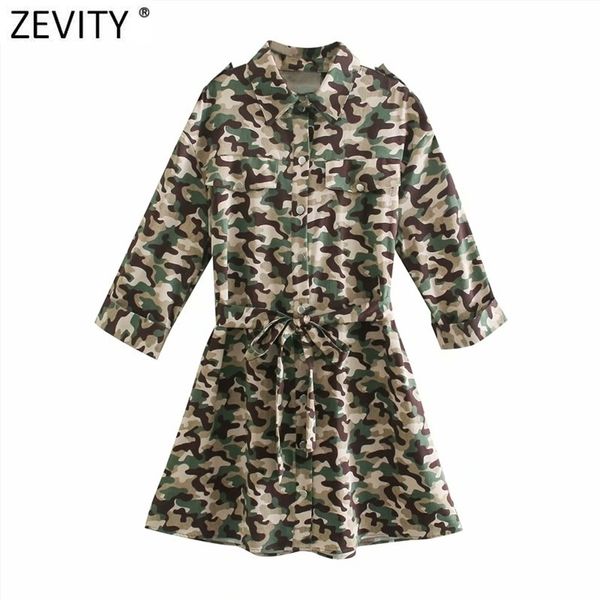 Femmes Vintage Camouflage Imprimer Epaulette Mini Chemise Robe Femme Chic Poches Poitrine Noeud Ceintures Vestidos DS8150 210420