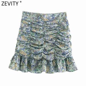 Vrouwen Vintage Cashew Nut Floral Print Hem Ruches Casual Slanke Geplooide Rok Faldas Mujer Femme Side Rits Vestido QUN733 210416