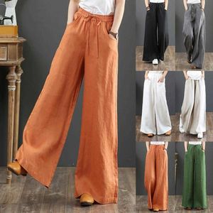 Femmes Vintage Casuals Coton Lin Taille Haute Pantalon Mopping Pantalon Droit, avec Poches, Couleur Unie Offres Spéciales Q0801