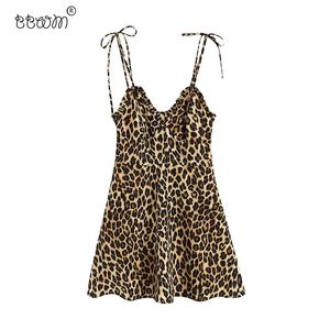 Vrouwen vintage chique luipaard print mini jurk mode sexy v nek zijkant rits banden jurken vestidos mujer 210303