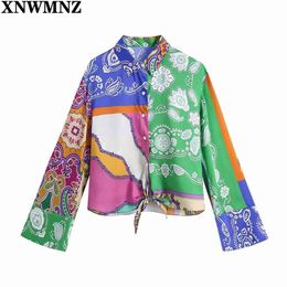 Femmes Vintage Tissu Patchwork Impression Casual Smock Blouse Dames Hem Bowknot Lâche Kimono Chemises Chic Chemise Blusas Tops 210520