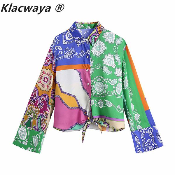 Femmes Vintage Tissu Patchwork Impression Casual Smock Blouse Dames Hem Bowknot Kimono Chemises Chic Rétro Blusas Tops 210521