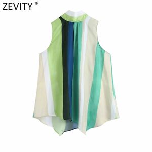 Vrouwen Vintage Kleur Bijpassende Gestreepte Casual Satijnen Blouse Vrouwelijke Back Bow Bevinden Mouwloze Vest Blusas Chic Tops LS9024 210420