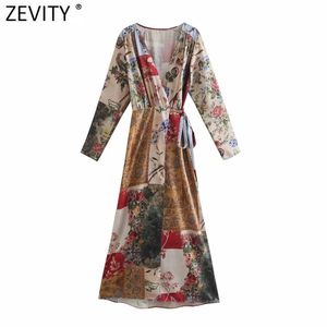 Femmes Vintage croix col en V tissu Patchwork imprimé Kimono robe mi-longue femme Chic décontracté mince à lacets Vestidos DS8115 210416