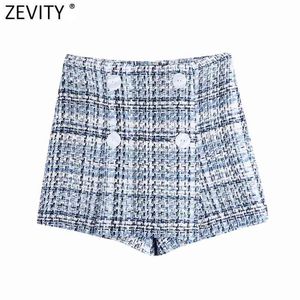 Mujeres Vintage Doble Pecho Tweed Bermudas Shorts Faldas Damas Cremallera lateral Chic Casual Slim Pantalone Cortos QUN750 210416