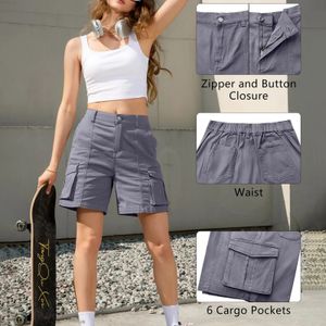 Vrouwen vintage elastische lage taille vrachtbroeken zomercasual vaste korte overalls broek met zakken voor sport 240507
